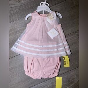 NWT Pale Pastel Pink Mesh Lace Bows Two Piece Sleeveless Top Bloomer Set
